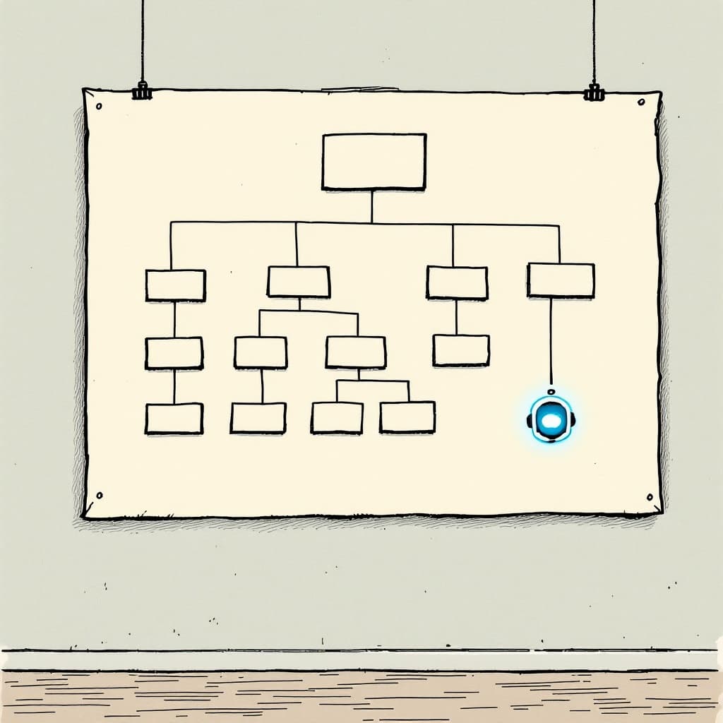 A hand-drawn org chart where every box hangs empty and connected, while a single glowing AI agent dangles off one line at the edge, reporting to no one