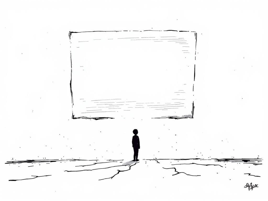 A small figure stands trusting beneath a large authoritative glowing panel while thin cracks spread across the ground