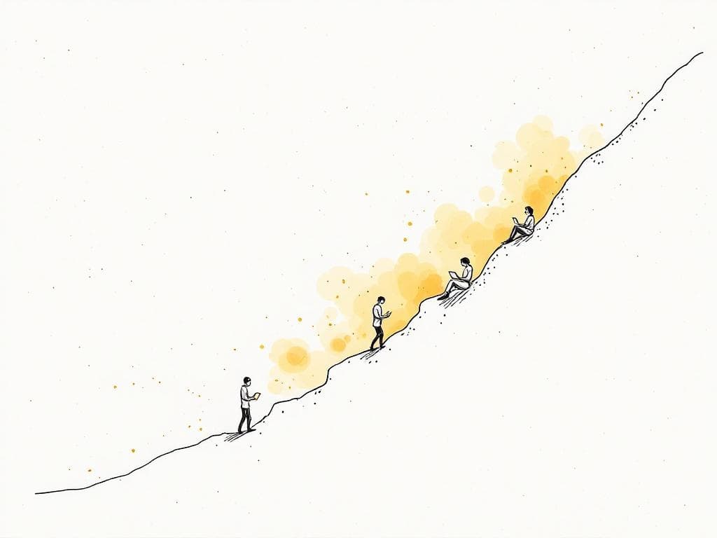 A figure descends a gentle slope, sinking lower with each step while staring at a glowing screen