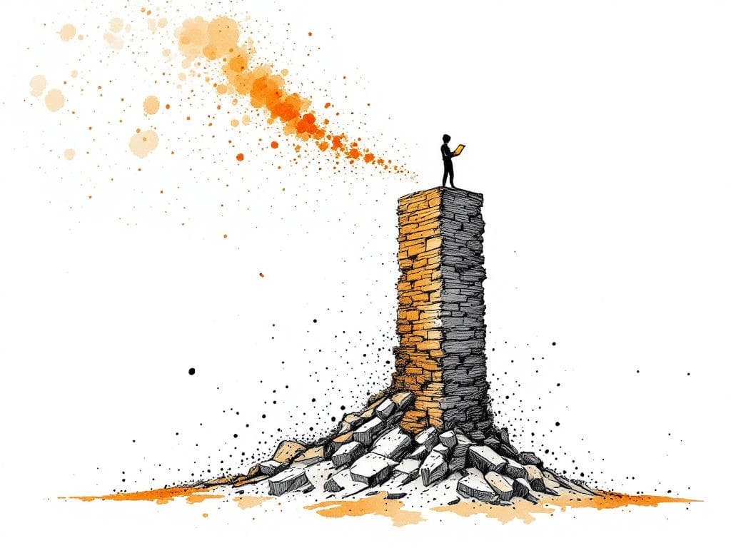 A figure absorbed in a glowing screen, standing atop a column whose base is quietly crumbling away