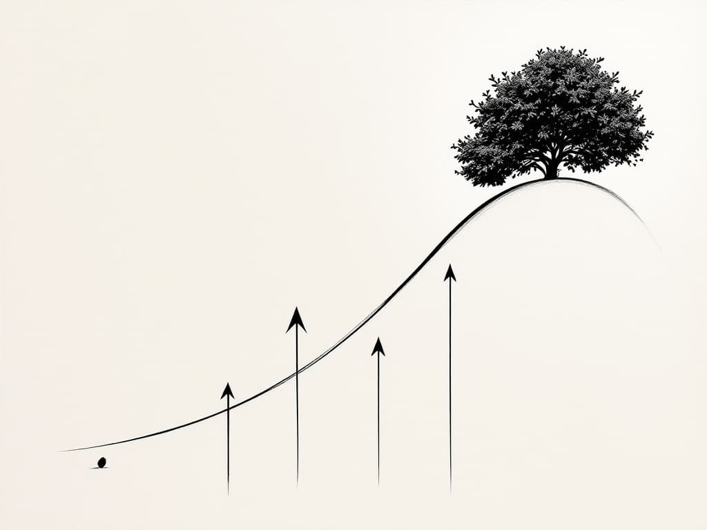 A small seed at the base sends a steep curve rising to a full tree, three forces feeding the growth from below