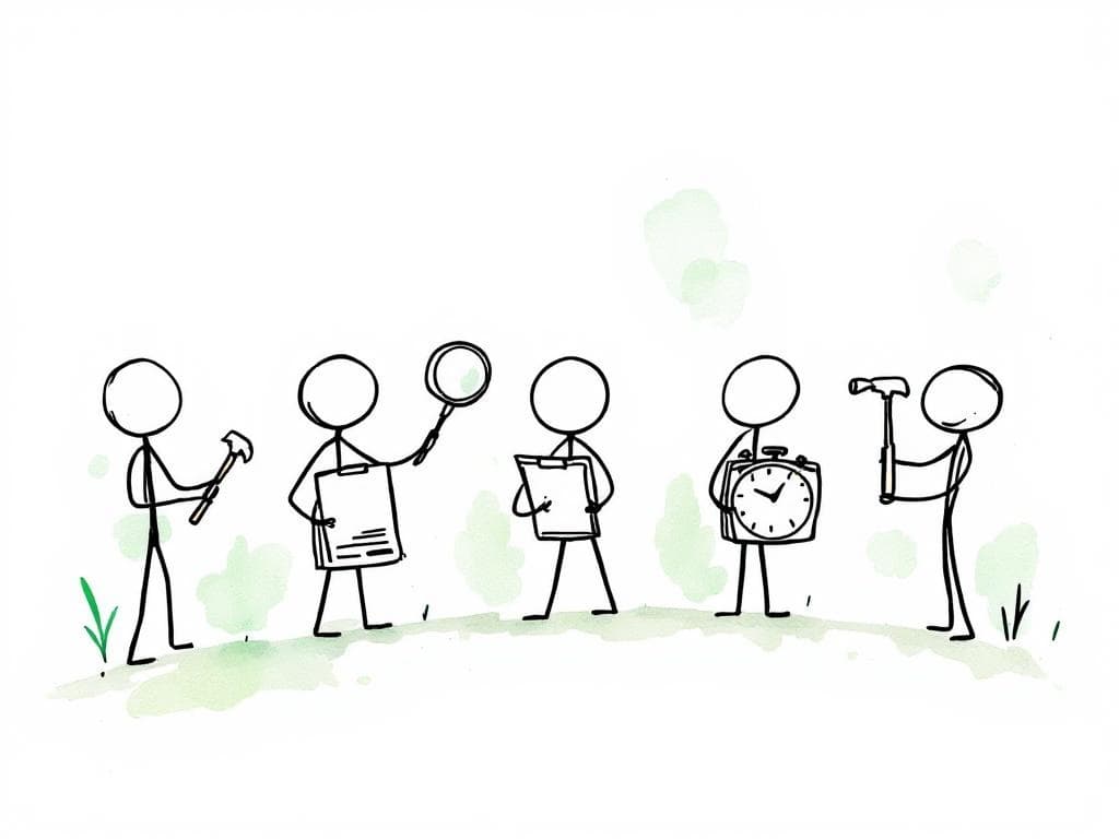 Five small figures arranged in a curved row, each holding a different small tool.