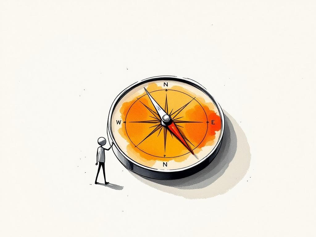 A simple compass with a small figure leaning down to read it.