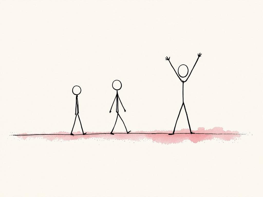 Three small figures along a path: observing, stepping forward, and arms-raised in success.