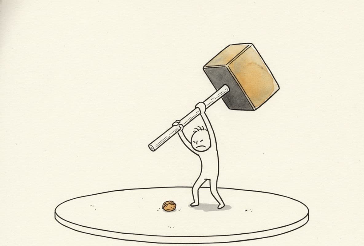 A small figure hoists an enormous sledgehammer overhead, about to bring it down on one tiny walnut sitting alone on a table