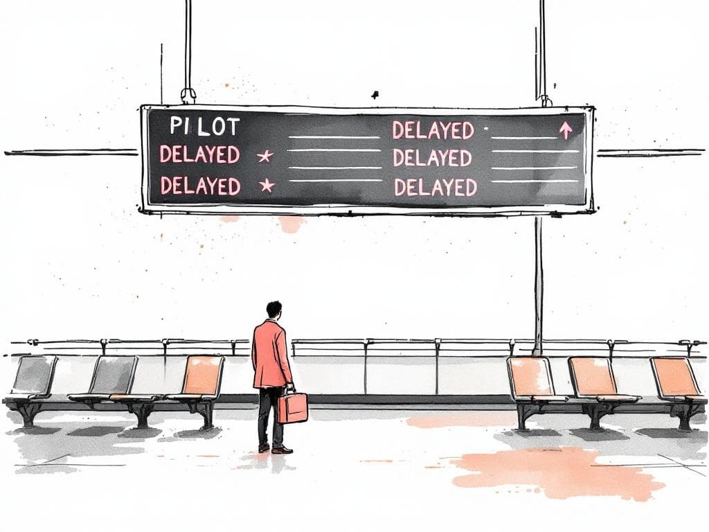 A lone executive stands in an empty airport gate, the departure board overhead reading PILOT with rows of DELAYED.