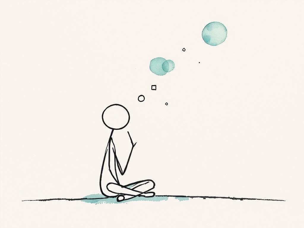 A small figure sitting cross-legged in thought with floating geometric shapes overhead.