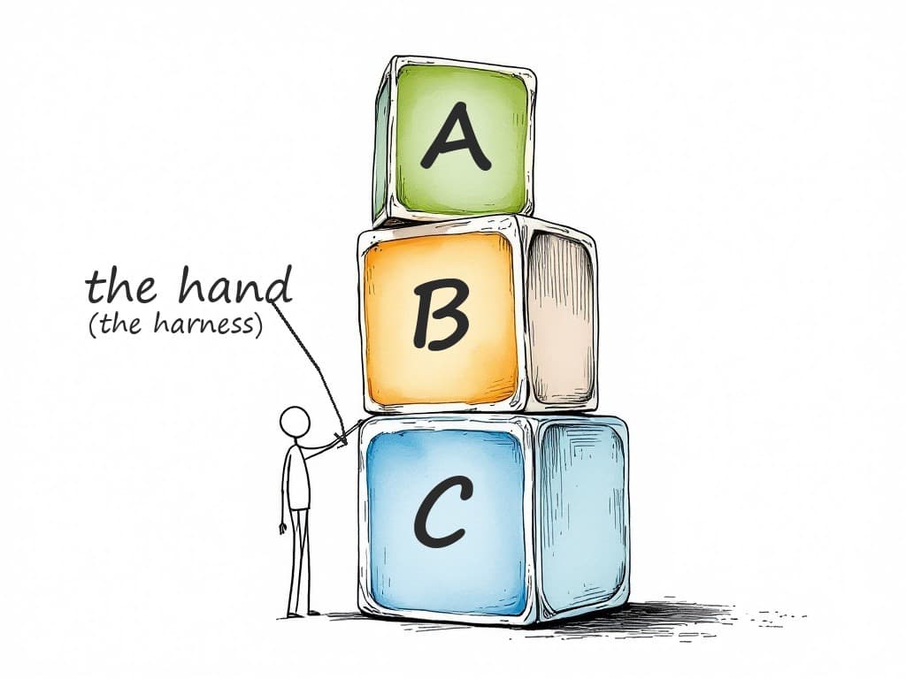Three stacked blocks labelled A, B, and C, with a small figure whose hand steadies them, labelled the hand, representing AI, BI, CI, and the harness that holds them