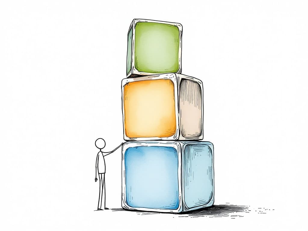 Three blank stacked blocks with a small figure steadying the top one, representing AI, BI, and CI